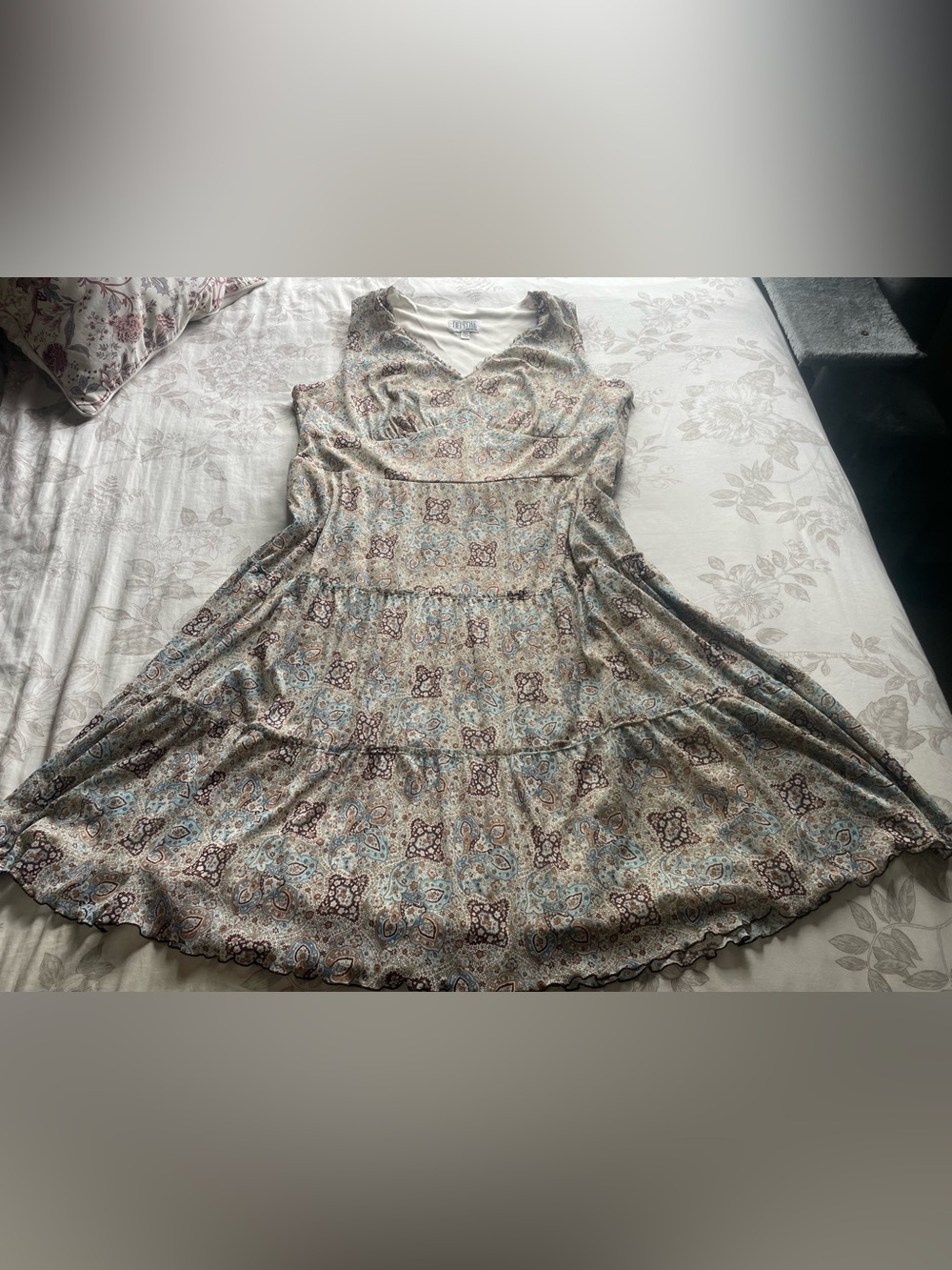 Vintage Beige Blue Paisley Tiered Babydoll Midi Dress 16W Cottagecore Feminine